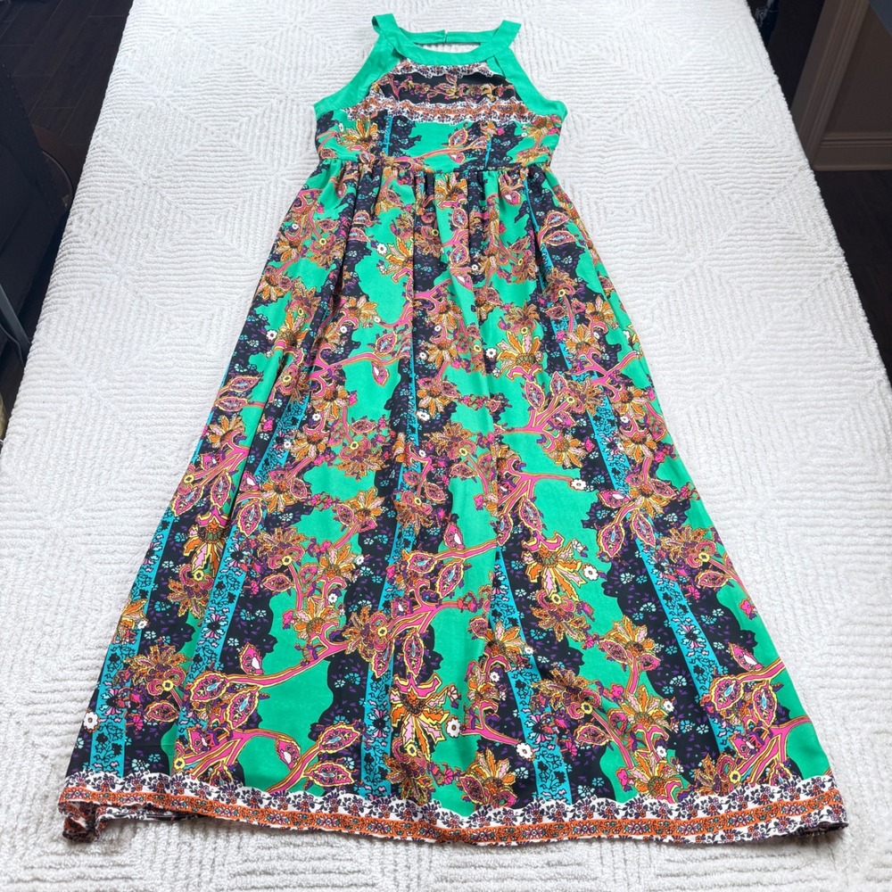 GB Maxi Dress Womens XL Green Paisley Halter Summer Tropical Resort Psychedelic